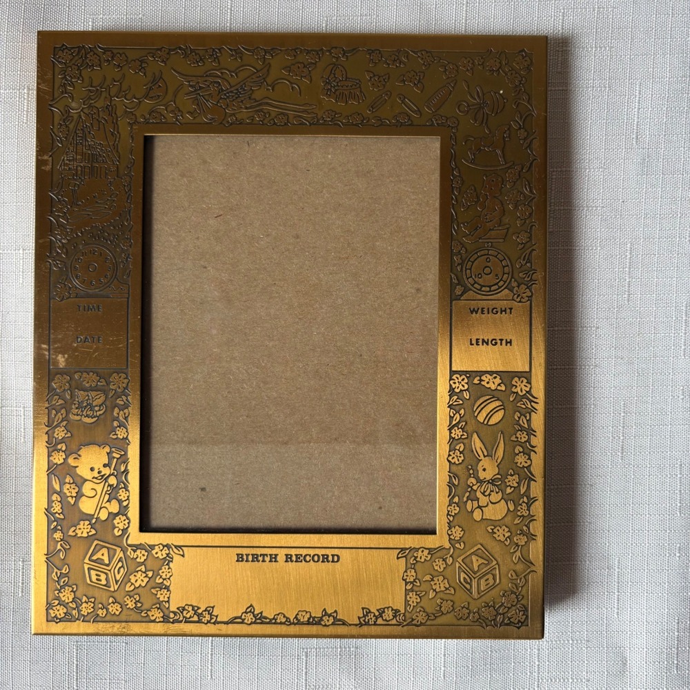 Vintage Brass Baby Birth Record Picture Frame Etched Nursery Keepsake 5x7